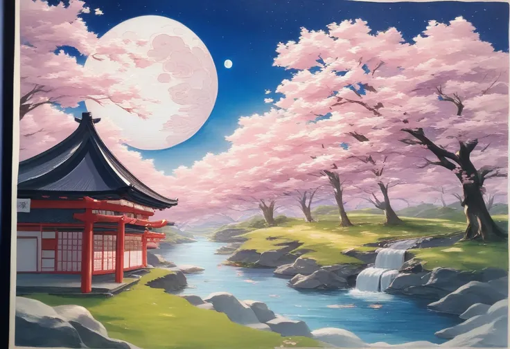 Japanese house painting under full moon, Artwork inspired by Kano Hogai ,  visual artist wearing a gorgeous dress , Ukiyo-e, Japanese art style, Japanese art, traditional Japanese art,  伝統的なJapanese painting, old Japanese art, Japan at Night, Japanese art ...