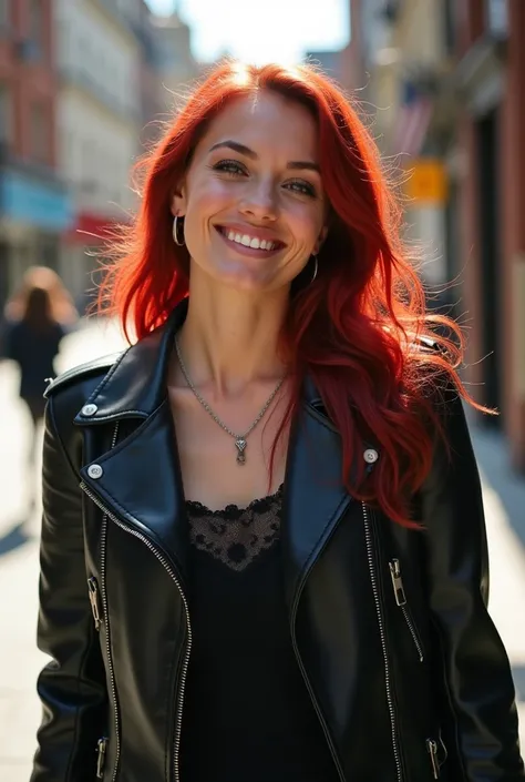 photo, half-figure shot of a 24-year-old woman wearing a gothic leather jacket and shirt,   red hair , smile,  outdoor , urban, Joy,  beautiful ,  cute ,  sunny day, detailed skin, skin pores,  Natural light ,  Photorealistic,  top quality ,  High definiti...