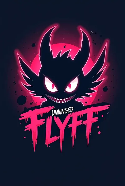 Design a (((logo))) for the popular online game Flyff, blending the words "Unhinged Flyff" with terrifying looking anime character logo. Incorporate a mix of soft dark hues and vibrant, eye-catching dark colors that create a visually appealing and playful ...