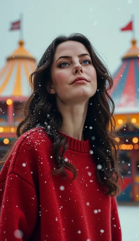 Kaya Scodelario stands in a festive circus setting, surrounded by colorful tents and twinkling Christmas lights, as snowflakes gently fall around her. She is looking up at the gray sky, her emerald green eyes filled with emotion, sparkling with subtle blui...