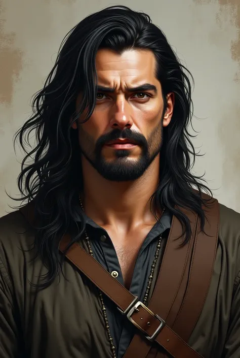 Long black hair, jawline, longmustache, no beard, fit man with medieval clothes