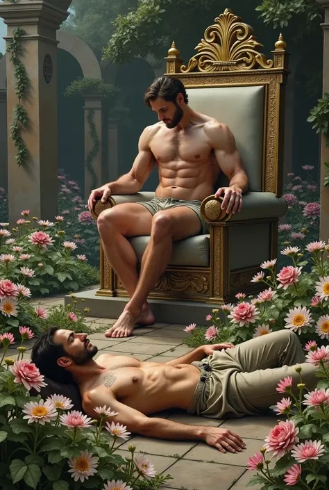  A man lying in a Renaissance garden,  surrounded by flowers and delicate details , looking at another muscular man who is sitting on a throne