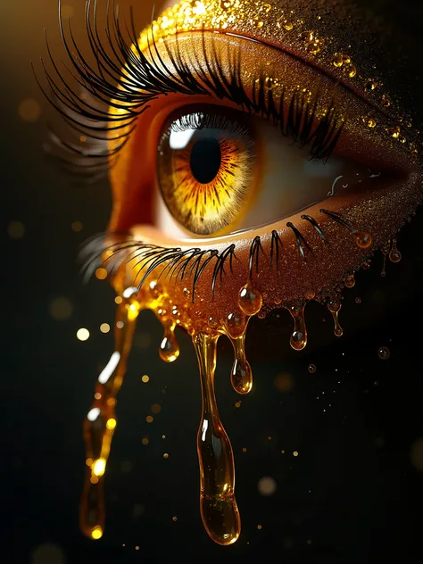 (Striking surreal close-up:1.5) of a stunning golden eye with intricate details, featuring dramatic, long eyelashes and a rich amber iris, dripping with liquid gold that cascades downward, contrasting against a deep black background, creating a captivating...