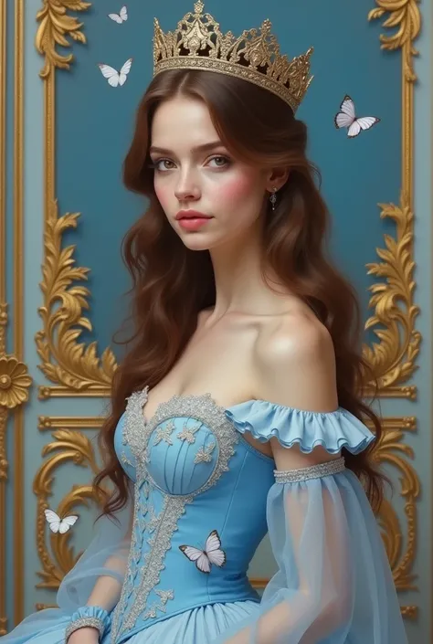 realistic oil painting, He is Russian ,  porcelain skin.  A woman with long brown hair , brown eyes and pale skin ,  is wearing a pastel blue dress ,  is in a palace in blue with gold and white .  wears a crown and is a royal and is very beautiful , He is ...