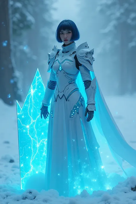 In the ultra-realistic image, a beautiful woman with bob-like hair wears white and light blue resin armor, her shield, also neon blue, the scenery is made of snow and blue smoke mixed with thunder comes out underneath it