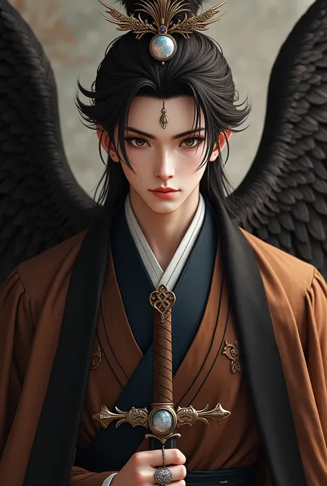 Men Brown eyes dark brown hair Elegant wooden crown or tiara large wings wears a silver ring with a moonstone dark wooden sword a brown mark on the body brown suit with black details elegant Japanese men