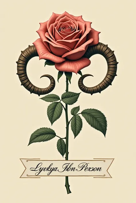 The word "Lyvya "  written in fluid calligraphy ,  with a rose or field flower next to ,  with the horns of Aries entangled between the petals.  A stripe or banner below the flower that reads  "John Person"  in a delicate font .