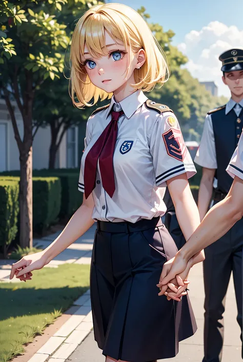 A girl with blonde hair, blue eyes and scout corps clothes and holding hands together 