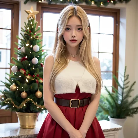 pretty girl, Long and blonde hair, Christmas, arbol de Christmas, outfit de Christmas