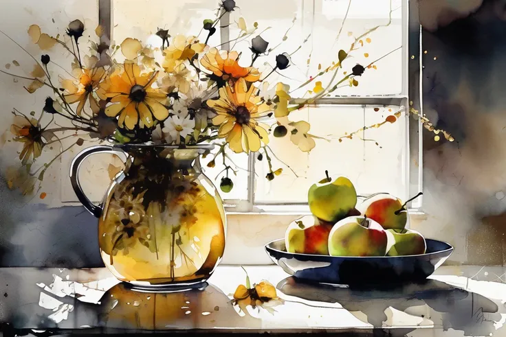 Still life, beautiful wild flowers in a vase on the table, beautiful ripe apples, sunlight, golden ratio, perfect composition, masterpiece! by Holly Hobbie and Russ Mills! Style: watercolor painting! Minimalist, high contrast, low details!