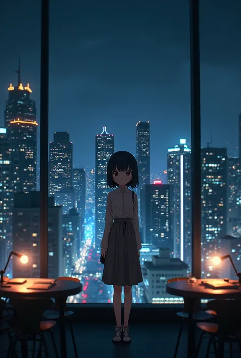 generates an image,  of a city not seen so tall or so low ,  but at the height of an average building ,  machinery where you can see tall and low buildings with lights ,  constructions in process with tall , And between the sight that there is an anime gir...