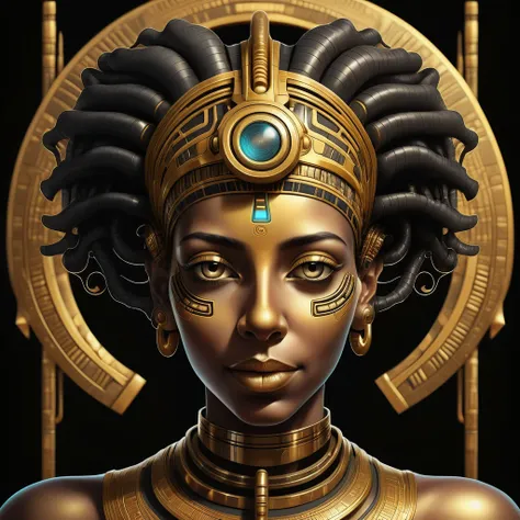 in  an ancient egyptian temple imagine a digital painting of an abstract cinematic shot of a cyborg biomechanical woman with metallic golden curly short hair in an ((( ancient Egyptian style))) , happy face expression,  velvet dark skin , abstract mechanic...