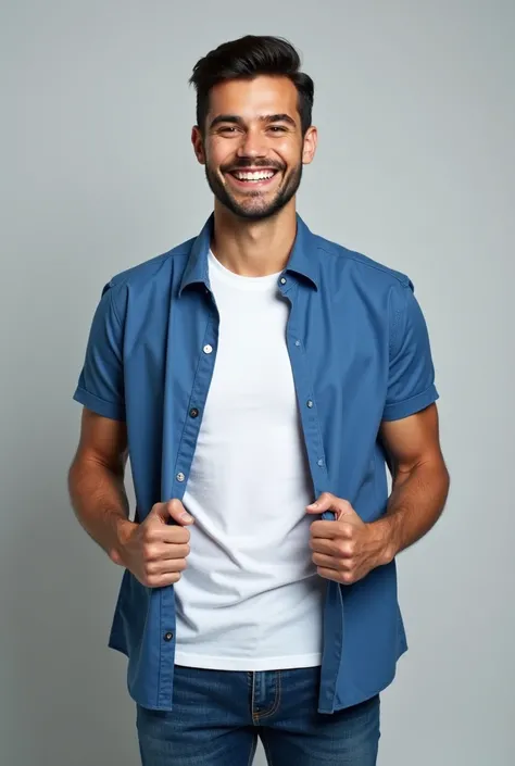 Latin Peruvian,  wearing a white t-shirt , with round neck, short sleeve,  jean pants, Totally visible boy polo shirt , out of the pants , Full polo shirt is enough visible, looking ahead smiling, Hands far away from the chest,  pleasing me with both hands...