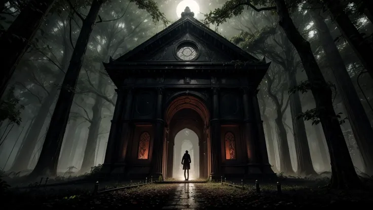 A realistic image of a tall, shadowy figure with glowing red eyes standing in the middle of Highgate Cemetery at night. The figure appears to wear a long dark coat, blending into the foggy surroundings. Behind it, a broken mausoleum with vines creeping ove...