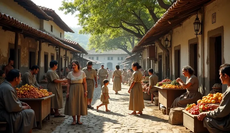 "A close-up shot of a bustling market square in The Early Colonial Period (1600s) rio de janeiro. Vendors, dressed in plain tunics and aprons, sell exotic goods like spices and fruits from makeshift wooden stalls. A Portuguese woman in a lace-trimmed dress...