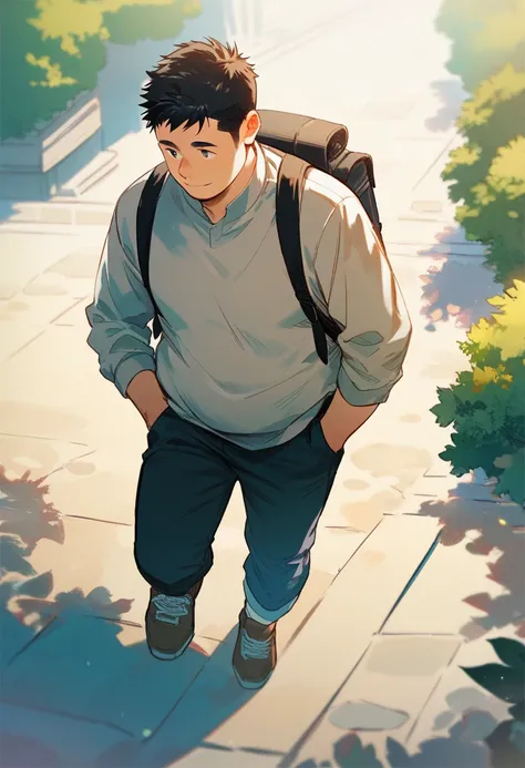 Chubby anime , with a backpack on the back, walking forward