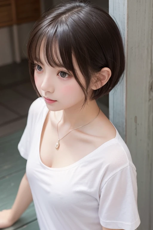 Small breasted girl、Cute anime girl、Shooting from above、 look up 、 lower body naked、Loose white t-shirt around the neck、 Shorthair、Extremely shy 、 Blush、 illustration style 、 anime style