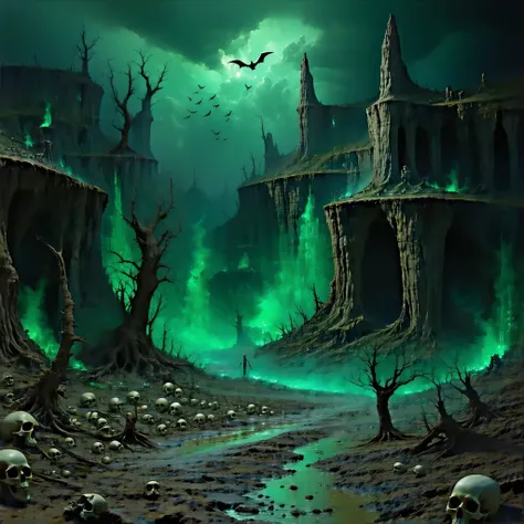 (photorealism) a demon realm, withered trees, dark, skull stone formations, wasteland, demonic being walking and demonic beings flying, dark clouds darkening the sky, streams of green water, poison fumes on the air, a canyon in which walls there are skull ...