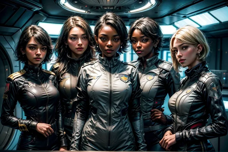 OliveHarper,  short hair, black hair, jewelry, medium breasts, yellow eyes, earrings, t-shirt, tracksuit, dark skin, dark-skinned female, smile, standing with 2 blonde girls in military uniforms, in enormous space station, windows viewing stars and spacesh...