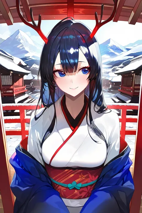 1girl, (masterpiece, best quality, kakage, modare, nanoless), (woman), long dark blue hair, antlers, small breasts, kimono, snowy mountain forese, traditional Japanese architecture 