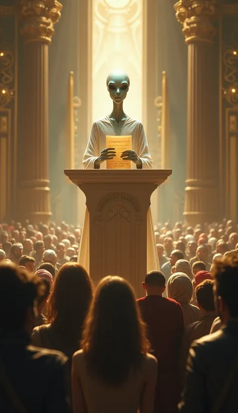 Alien holding a peace letter in a pulpit talking about peace to various human beings on planet Earth from several different nations
