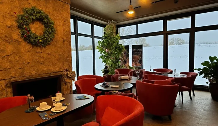 This is a photograph capturing a cozy winter scene inside a warmly lit coffee shop with floor to ceiling windows. The coffee shop has a rustic brick fireplace adorned with a Christmas wreath made of greenery and red berries as well as lit white mini string...