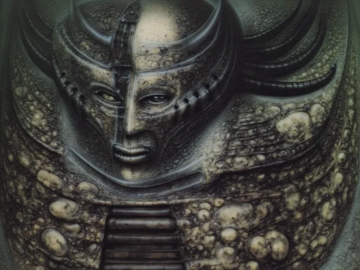 H. R. Gigers g1g3r, , Giger_style,  , The image is a detailed view of H.R. Gigers " Li II  " plate, featuring HRGGR, H.R. GIGER.  g1g3r 3t3rn1ty,alien creature, dark alien architecture machine (best quality:1.4). Gigers biomechanical tableau features a clo...