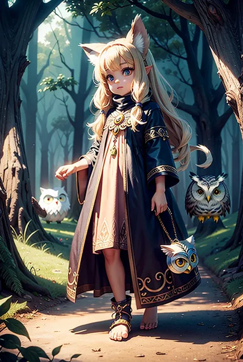 animal fantasy a cute and mystical being with an owl head and a 3D cat body