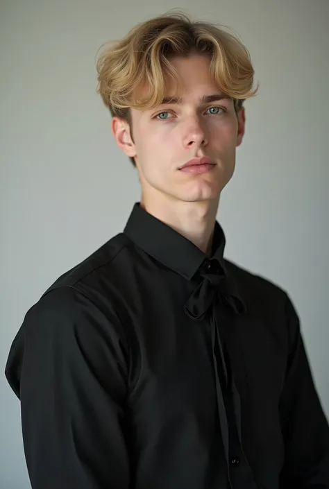  Realistic professional studio image of a 19-year-old boy with delicate features and blond hair that covers his forehead fringe style, leaving his eyebrows a little bare .  He wears a black long-sleeved shirt and a black dress vest with a black ribbon on t...