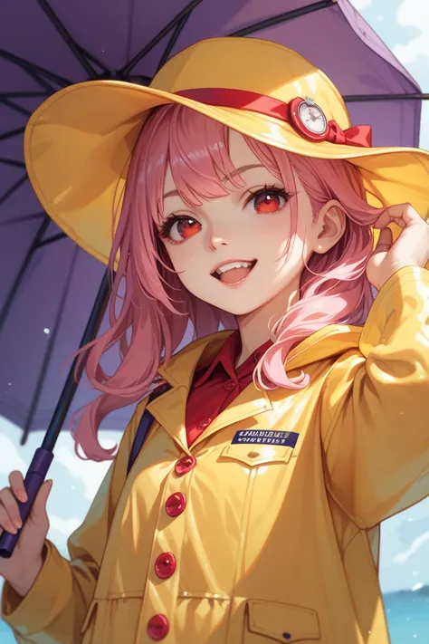 ,  red eyes,  pink hair , hat in a yellow raincoat , yellow hat, with red buttons, holds a purple umbrella with teeth,  with red eyes, with the language .