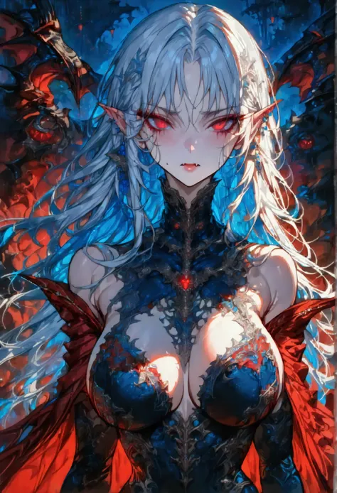 anime comic illustration fantasy art, gothic art, (masterpiece:1.5), full body best details, highly detailed, best quality, Glowing Red, highres, full body portrait of a vampire, elf (Masterpiece, best quality: 1.6), ultra feminine, with a long curvy hair,...