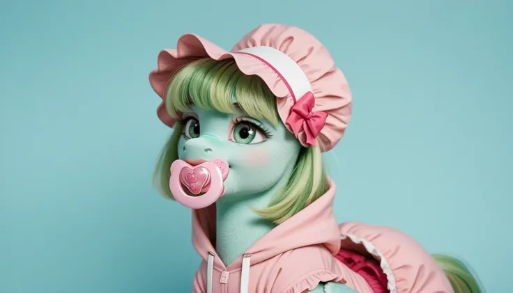  Pegasus pony alone with green hair,  light green mane gathered in a pink bonnet , adult mare,  dressed in adult pink onesie , light green tail ,  pink pacifier in the mouth , thick diaper under clothes, solo,  simple background. 