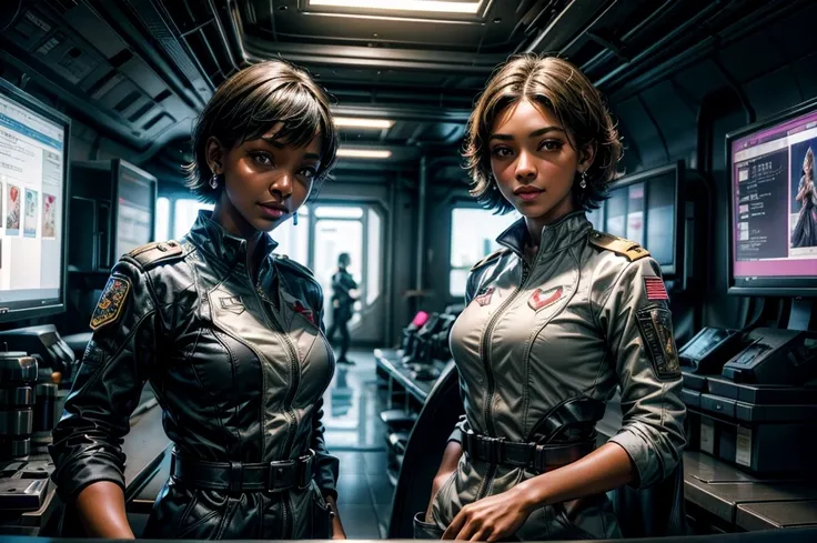 OliveHarper,  short hair, black hair, jewelry, medium breasts, yellow eyes, earrings, t-shirt, tracksuit, dark skin, dark-skinned female, smile, standing with 1 blonde girl in military uniforms, standing in enormous space station, windows viewing stars and...