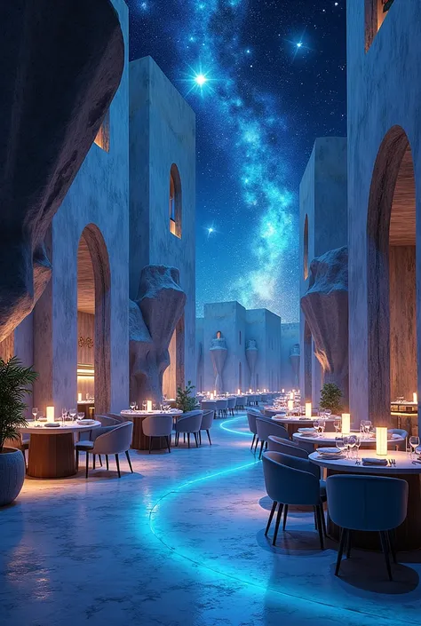 Landscape area design inspired by celestial bodies for restaurant space