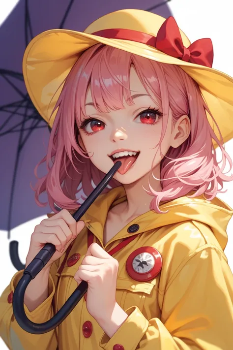 ,  red eyes,  pink hair , hat in a yellow raincoat , yellow hat, with red buttons, holds a purple umbrella with teeth, red eyes and tongue.