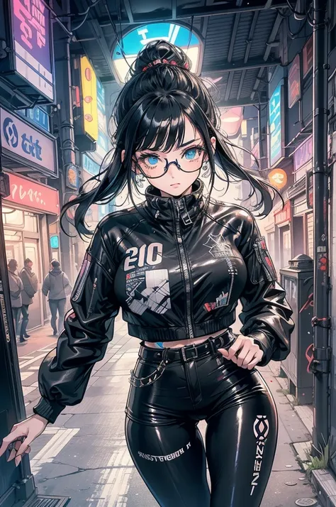 1girll ,Masterpiece, Best quality, Ultra-detailed, illustration, Cyberpunk rebel hackers
style: Futuristic city
quality: Sharp and dynamic, Depict a character: A tech-savvy character
illuminating: Neon city lights reflect her cybernetic enhancements
shadin...