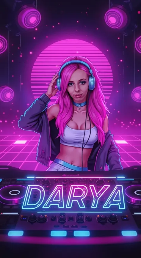 A stunning detailed image with the theme of visual identity, a logo using creative writing Darya", thechno-font, with a beautiful Russian female DJ with long pink/purple hair, looking at the camera, bikini top, headphones, smile, dancefloor, dynamic, surre...