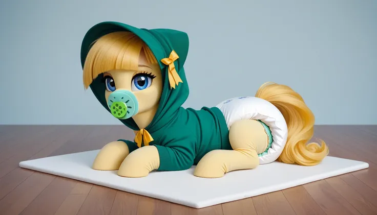  earth pony alone with beige hair, , a light yellow mane gathered in a green bonnet , adult mare,  dressed in an adult green onesie , a light yellow tail ,  green pacifier in her mouth ,,  sits on a soft play mat , thick diaper under clothes, solo,  simple...