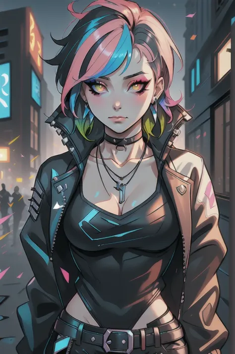 Holo-Punk Style, 1girl, black choker, black jacket, blurry, blurry background, choker, cleavage, closed mouth, collarbone, cyberpunk, earrings, gradient hair, jacket, jewelry, k/da (league of legends), looking at viewer, makeup, medium breasts, medium hair...