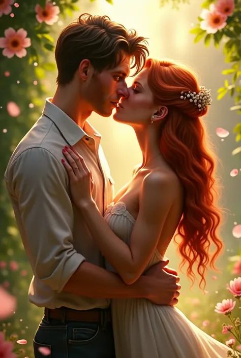 Generate an image in which this boy kisses with a redhead girl with good and beautiful body shapes 