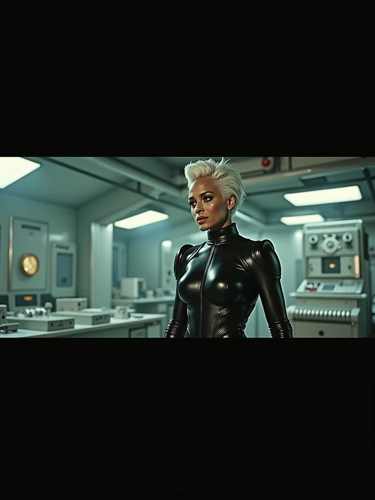 Screengrab of 1950s Super Panavision 70 movie. Retro in color. Halle Berry with stylish white hair wearing a tight black  costume in X-Men in a lab in the year 1950. 