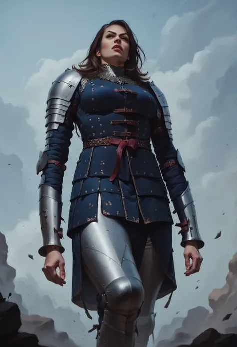 A portrait image low angle painting of an upper body of a mature, muscular, aged, tall woman, with thick lips and a serious and determined expression. She is strong and powerful. She has big legs and arms. She has a heavy bulky armor underneath her militar...