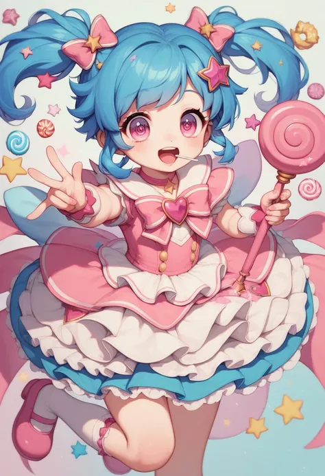 Anime girl,Magic girl, Pastel colored clothes, sweet themed clothes, candy girl, kwaii, kwaii poses, holding a lollipop scepter, fluffy hair, pastel purple and blue hair, cute eyes, candy barrettes,Cute dress, flared dress, ruffled dress, cute shoes, magic...