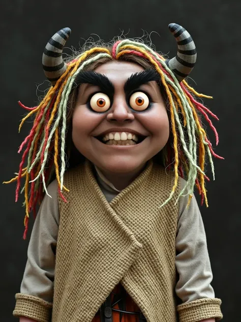  Old woman with a demonic face with large upper fangs, thick black eyebrows and hair with multicolored wires ;  evil smile ; black eye contour ;  dressed in a burlap sack .