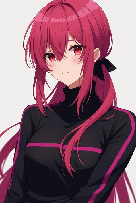 ((Anime)) ((masculine)) Boy with  and long vivid raspberry hair, dressed in a black sweater with vivid raspberry stripes and his hair tied with a black garter and red eyes