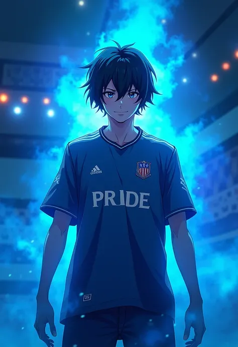 anime Esport player with an dark blue aura that says pride on his jersey