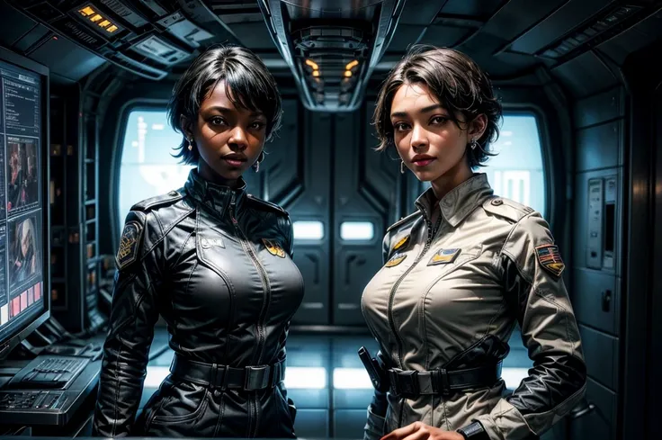 OliveHarper,  short hair, black hair, jewelry, medium breasts, yellow eyes, earrings, t-shirt, tracksuit, dark skin, dark-skinned female, smile, standing with 1 blonde girl in military uniforms, standing in enormous space station, windows viewing stars and...