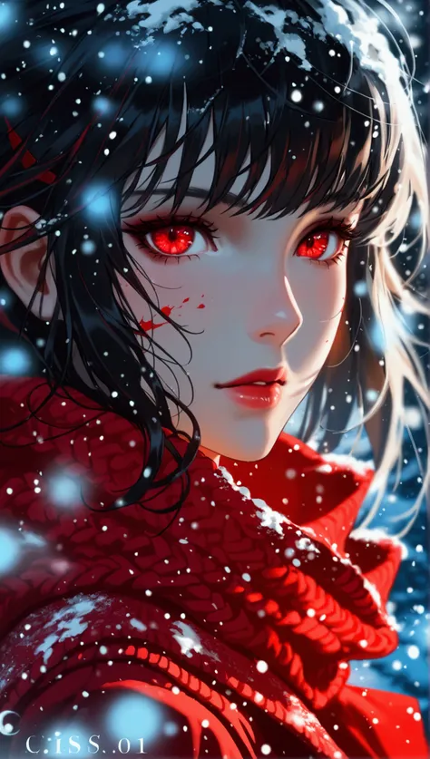 1 girl, crimson red eye, attractive eyes, snow and dark theme 