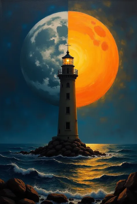  Create an image of an oil ,  a little bit like Caravaggio ,  where there is a lighthouse in the middle of the sea .  Half should be day and the other half at night. Include the sun and the moon in the painting. 