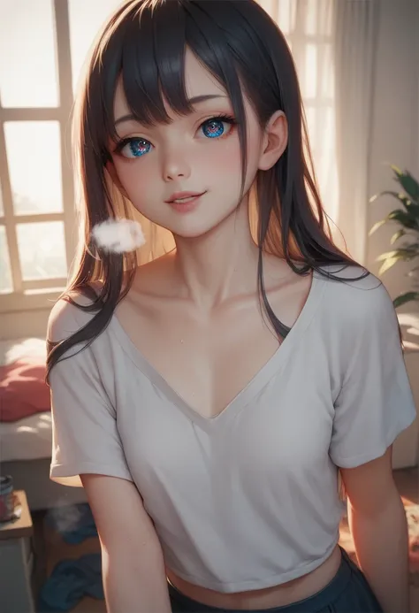 Home room background, sexy pose, cute scene, casual cute loose clothes, cropped fluffy skirt, black long hair, Cute girl, kwai girl, small breast, Anime style, Air around visible of breath and heat, seductive look, best quality, expressive eyes, Highly det...